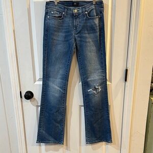 7 For All Mankind Medium Blue Flare Jeans with Knee Distress